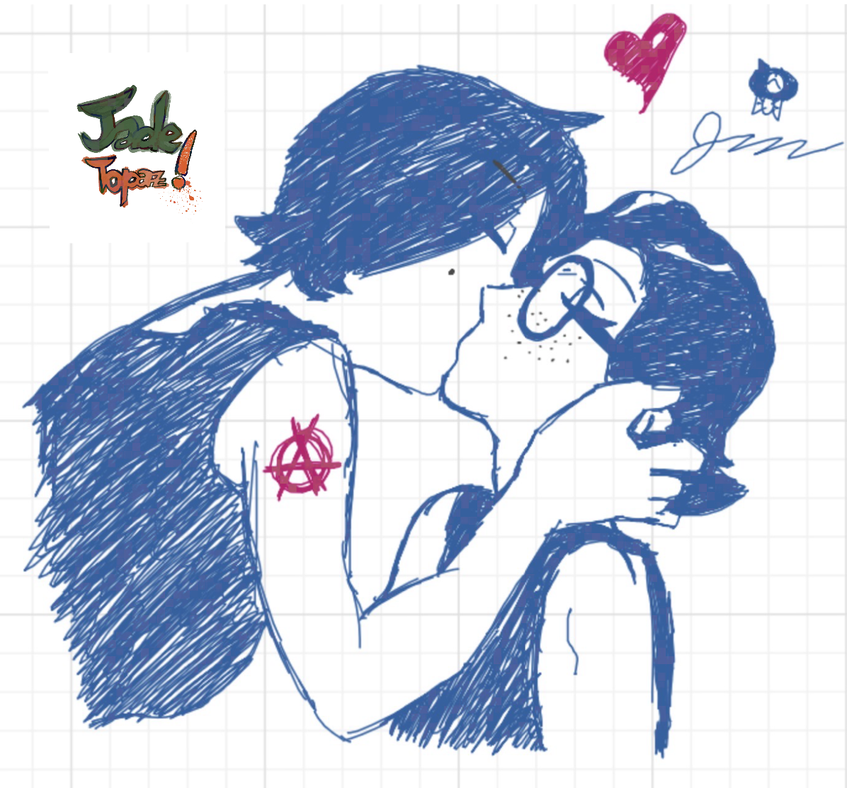 My two OCs, Maria Białecka and Dina Panadero, sharing a passionate kiss as the both of them fall in love with each other.
Maria is wearing a black tank-top per usual of her style and has her old swooped black hair covering nearly one of her eyes, before she went for a more butch-appearing hairstyle. She also sports an anarchist tattoo. She is cupping one side of Dina's face. Dina is wearing a knitted vest over her white collared shirt and has swooped hair as well but towards the back of her head and has a more curly appearance. She also wears round glasses and has freckles on her face. My two OCs, Maria Białecka and Dina Panadero, sharing a passionate kiss as the both of them fall in love with each other.
Maria is wearing a black tank-top per usual of her style and has her old swooped black hair covering nearly one of her eyes, before she went for a more butch-appearing hairstyle. She also sports an anarchist tattoo. She is cupping one side of Dina's face. Dina is wearing a knitted vest over her white collared shirt and has swooped hair as well but towards the back of her head and has a more curly appearance. She also wears round glasses and has freckles on her face.