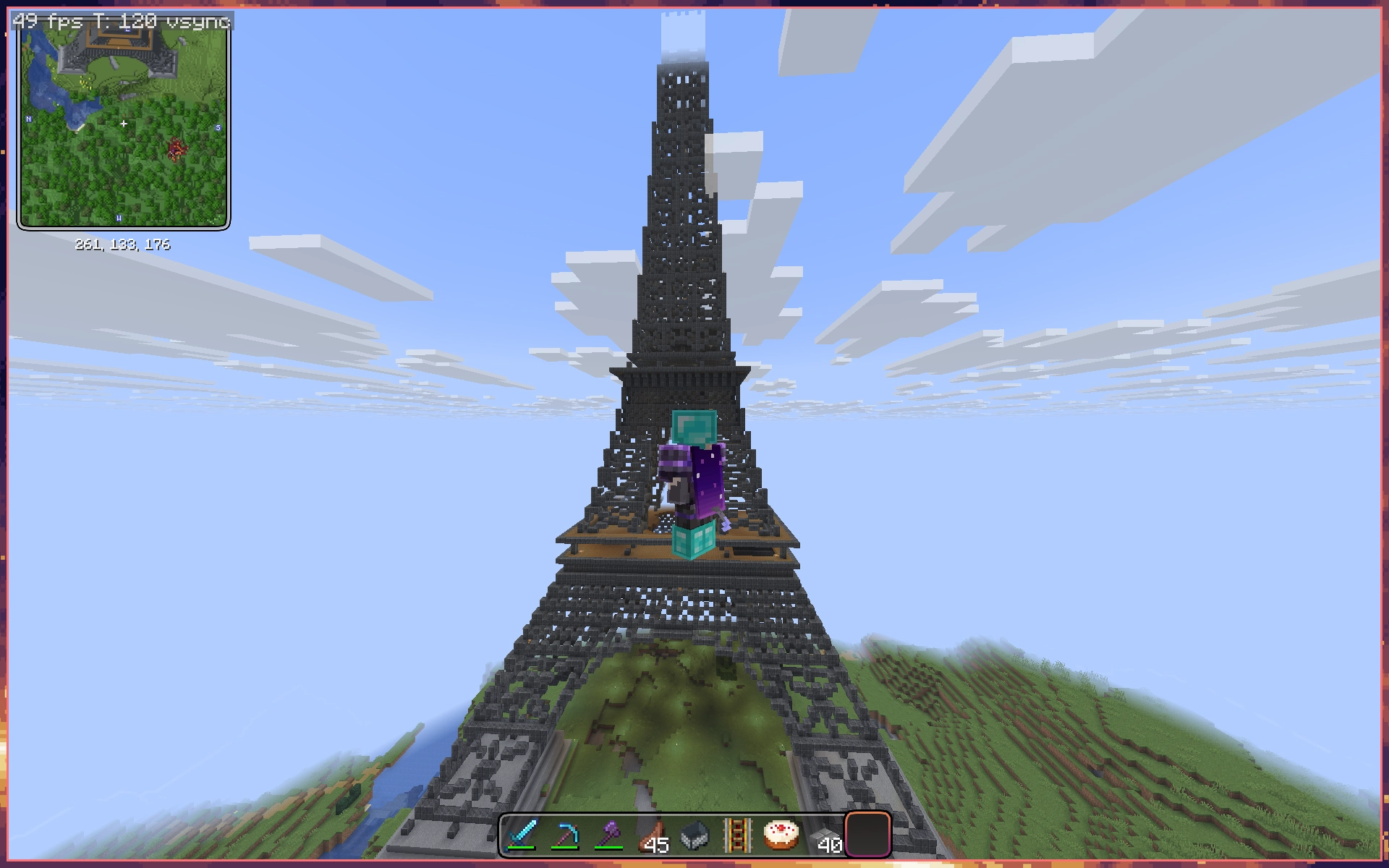 me in minecraft in a mix of diamond and netherite armor, flying in creative mode in front of a recreation of the eiffel tower me in minecraft in a mix of diamond and netherite armor, flying in creative mode in front of a recreation of the eiffel tower