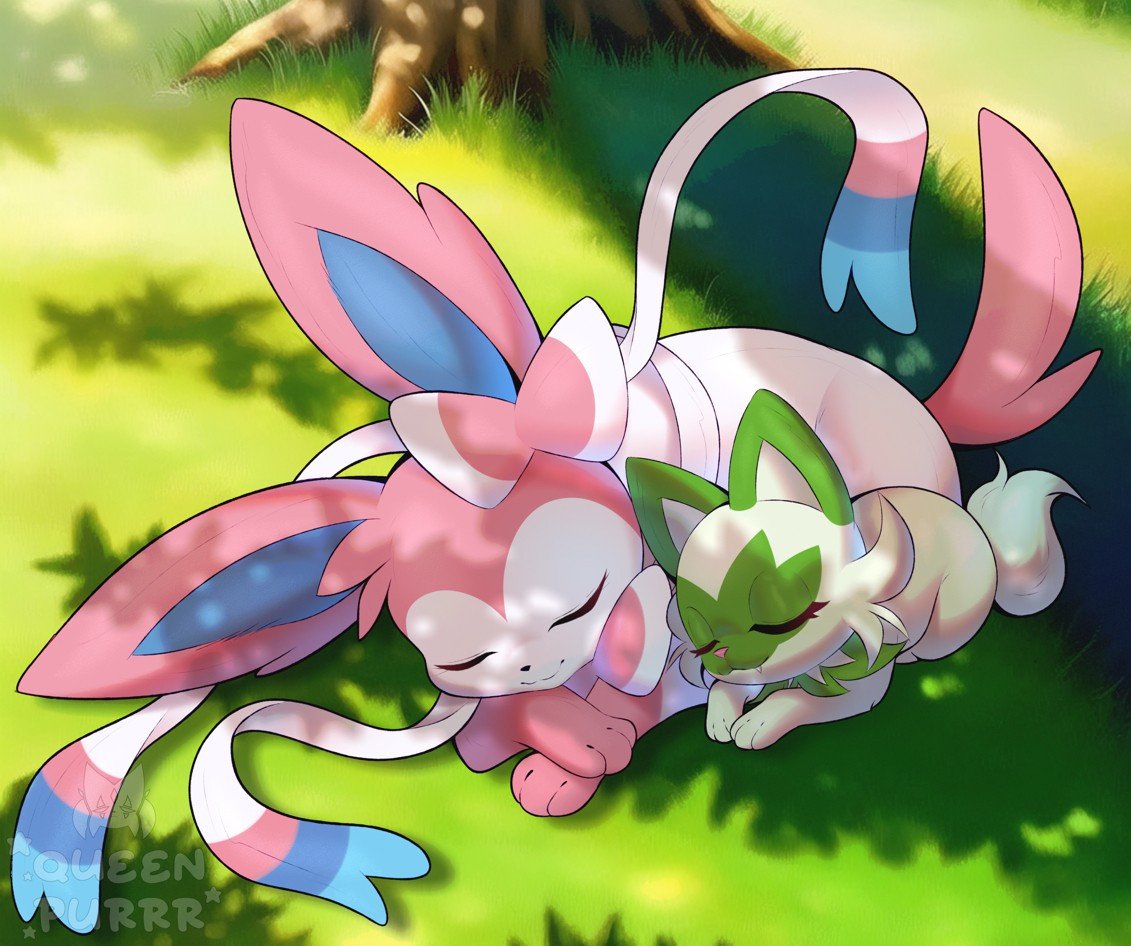 Sylveon sleeping on grass next to Sprigatito. Sylveon sleeping on grass next to Sprigatito.