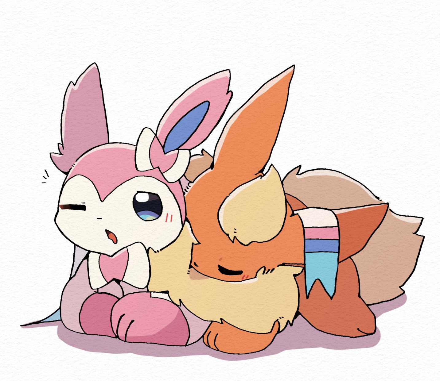 Eepy Sylveon with Flareon sleeping on top of faer, wrapped by faer ribbon. Eepy Sylveon with Flareon sleeping on top of faer, wrapped by faer ribbon.