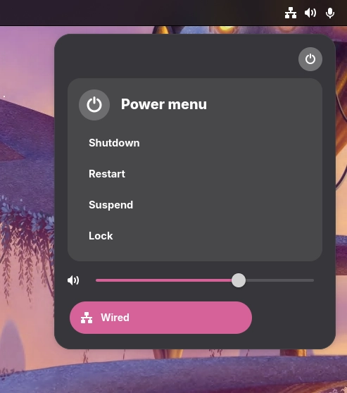 A screenshot of a graphical shell with a control panel open and a power menu inside that control panel, showing options for restarting/shutting down/etc A screenshot of a graphical shell with a control panel open and a power menu inside that control panel, showing options for restarting/shutting down/etc
