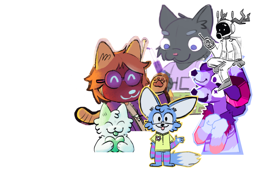 several colorful drawings of funky anthropomorphic animal people, cartoony and hand drawn several colorful drawings of funky anthropomorphic animal people, cartoony and hand drawn