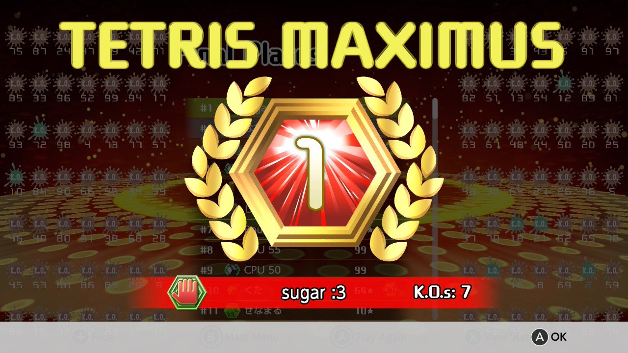 Tetris Maximus
1st place
sugar :3, K.O.s: 7 Tetris Maximus
1st place
sugar :3, K.O.s: 7