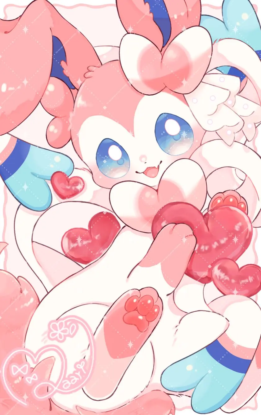 Happy sylveon seen from above lying on a soft surface being surrounded by hearts, and even holding one with its paws. Happy sylveon seen from above lying on a soft surface being surrounded by hearts, and even holding one with its paws.