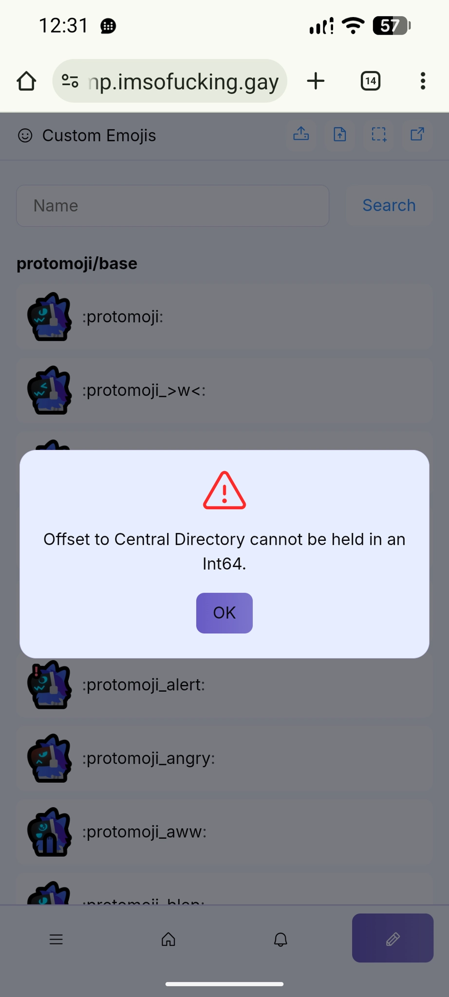 iceshrimp.net error when i tried importing the emojis "Offset to Central Directory cannot be held in an Int64"