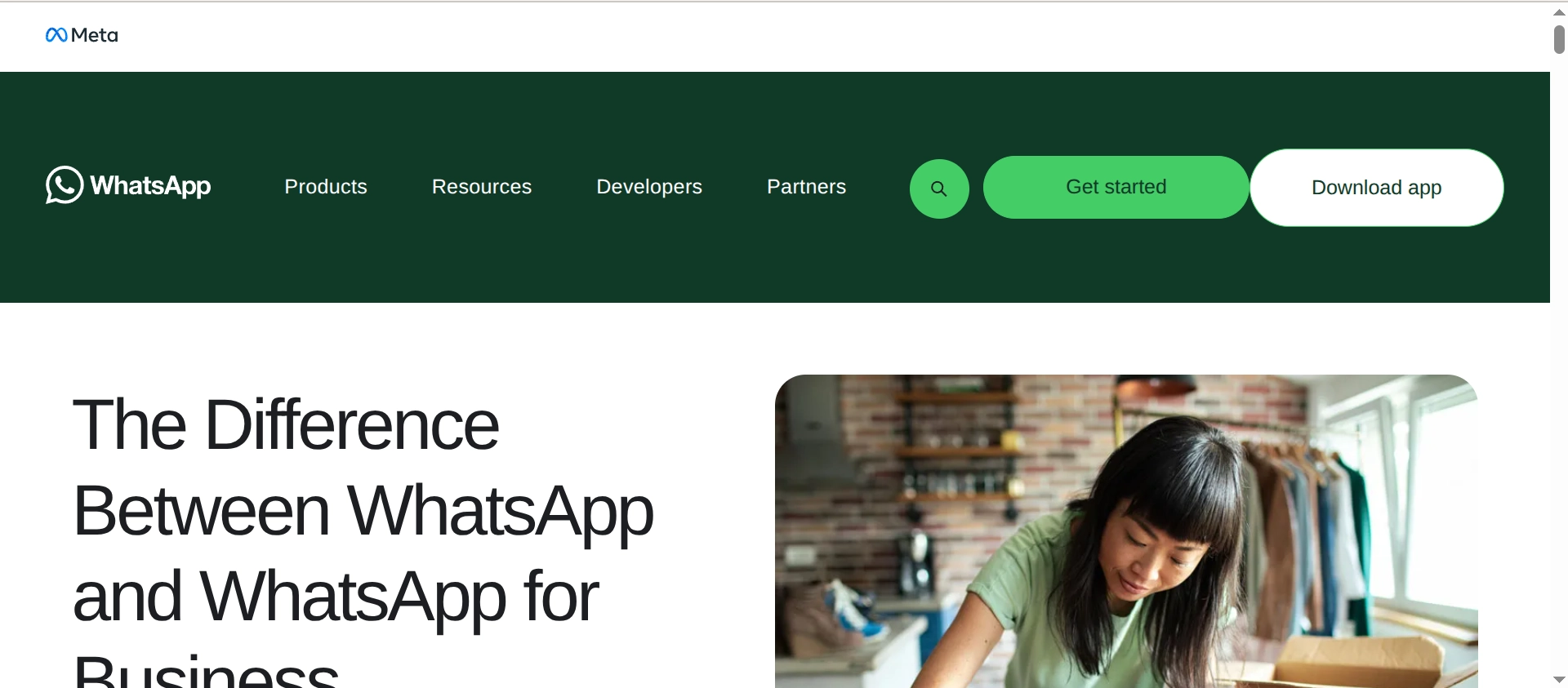 Whatsapp's web page talking about the diff between normal whatsapp and business whatsapp, the page's header bar is comically gigantic x3